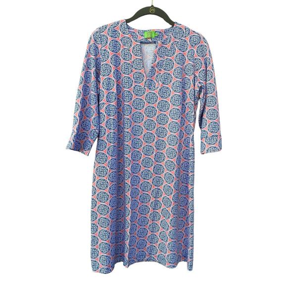 Katherine Way Dresses & Skirts - Katherine Way Dress Medium Pink Navy Medallion‎ Print Santa Ana 3/4 Sleeve Midi